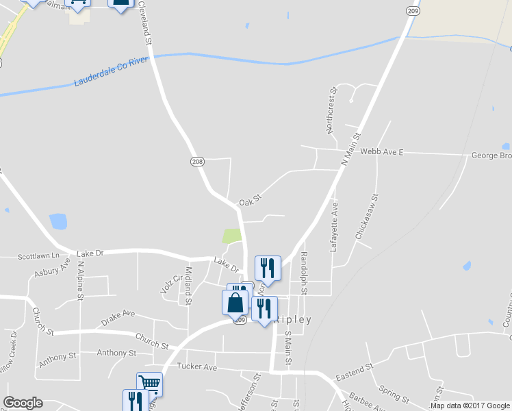 map of restaurants, bars, coffee shops, grocery stores, and more near 172 Oak Street in Ripley