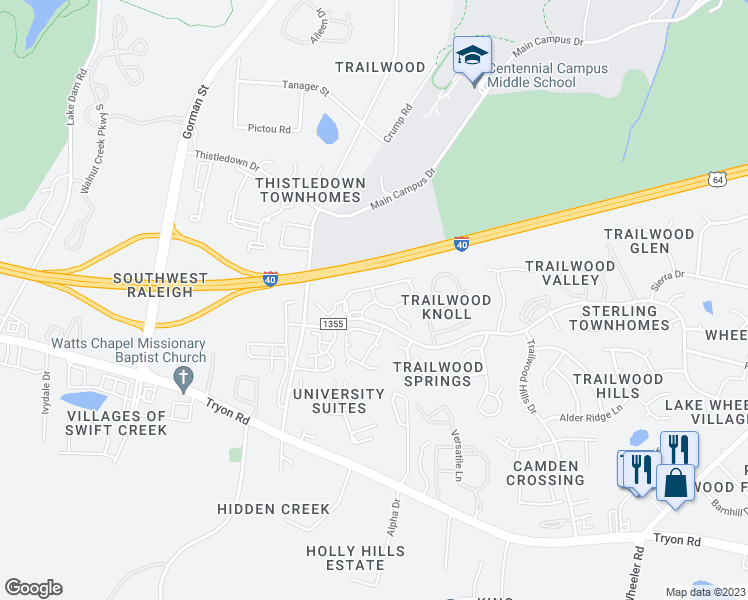 map of restaurants, bars, coffee shops, grocery stores, and more near 2000 Melrose Forest Lane in Raleigh
