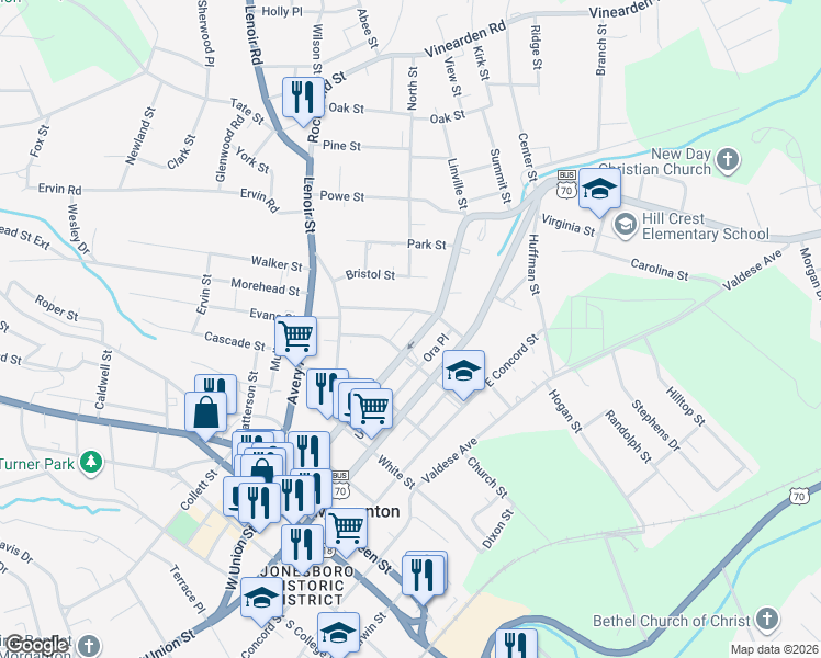 map of restaurants, bars, coffee shops, grocery stores, and more near 607 East Union Street in Morganton