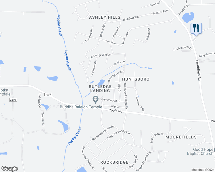 map of restaurants, bars, coffee shops, grocery stores, and more near 1284 Sweetgrass Street in Knightdale