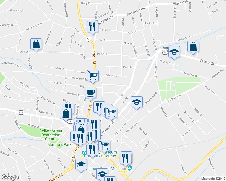 map of restaurants, bars, coffee shops, grocery stores, and more near 110 North Chestnut Street in Morganton