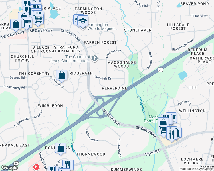map of restaurants, bars, coffee shops, grocery stores, and more near 224 Heidinger Drive in Cary