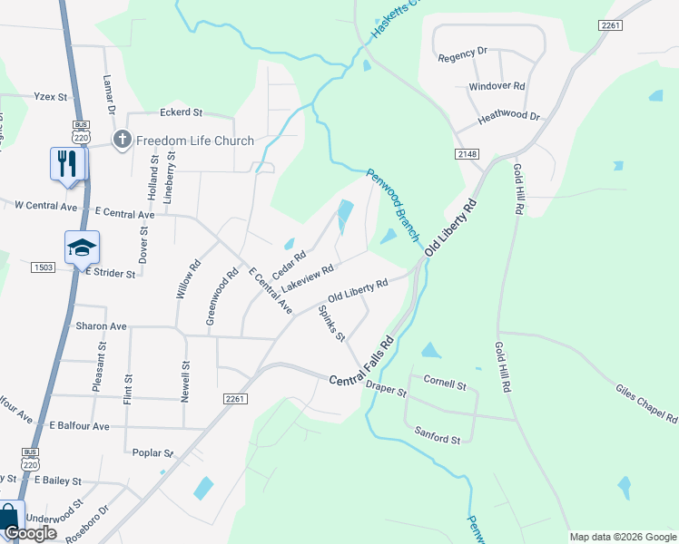 map of restaurants, bars, coffee shops, grocery stores, and more near 901 Old Liberty Road in Asheboro