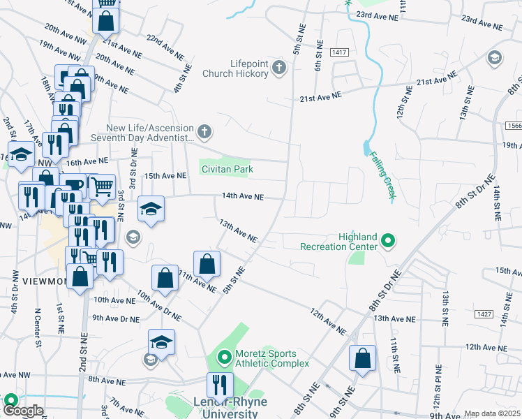 map of restaurants, bars, coffee shops, grocery stores, and more near 1343 5th Street Northeast in Hickory