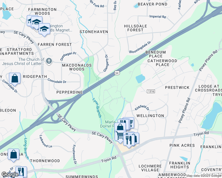 map of restaurants, bars, coffee shops, grocery stores, and more near 722 Renshaw Court in Cary