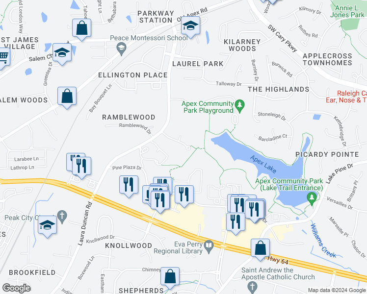 map of restaurants, bars, coffee shops, grocery stores, and more near 621 Edgewater Ridge Court in Apex