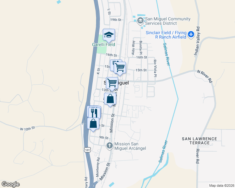 map of restaurants, bars, coffee shops, grocery stores, and more near 1300 Mission Street in San Miguel