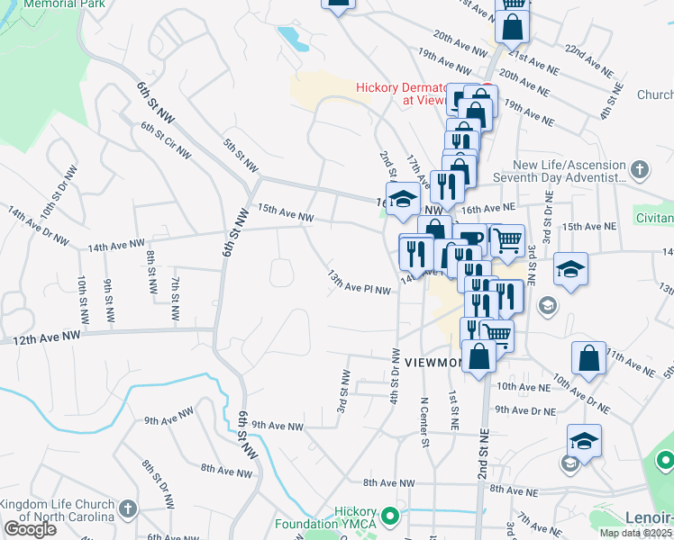 map of restaurants, bars, coffee shops, grocery stores, and more near 230 13th Avenue Place Northwest in Hickory