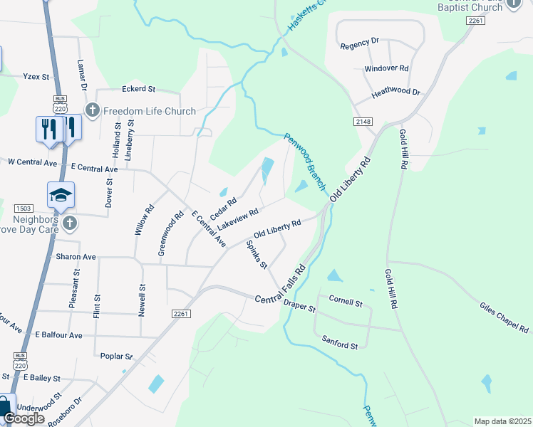 map of restaurants, bars, coffee shops, grocery stores, and more near 1974 Lakeview Road in Asheboro