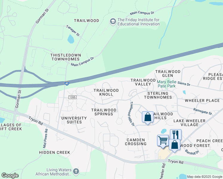 map of restaurants, bars, coffee shops, grocery stores, and more near 2001 Deep Forest Trail in Raleigh