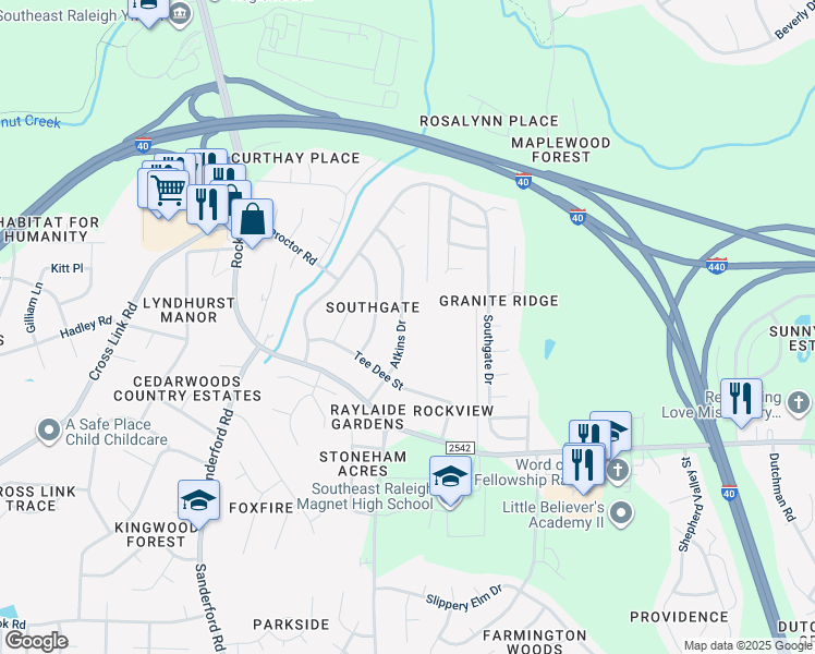 map of restaurants, bars, coffee shops, grocery stores, and more near 2029 Atkins Drive in Raleigh