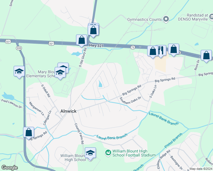 map of restaurants, bars, coffee shops, grocery stores, and more near 220 Mimosa Circle in Maryville