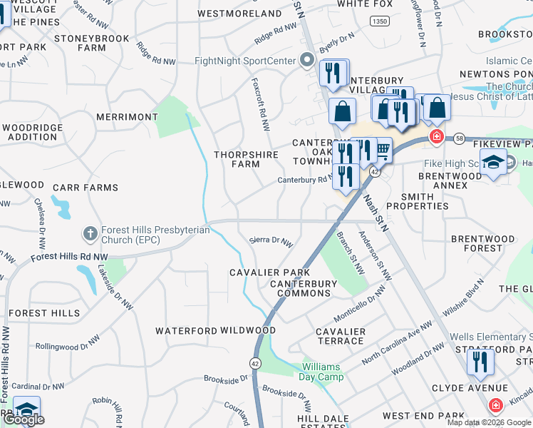 map of restaurants, bars, coffee shops, grocery stores, and more near 2002 Wentworth Road Northwest in Wilson