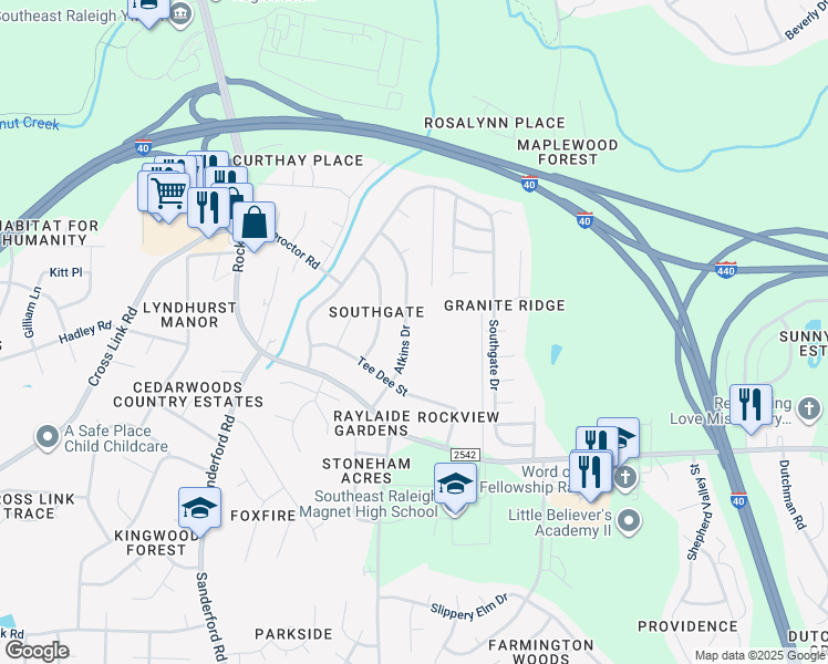 map of restaurants, bars, coffee shops, grocery stores, and more near 2029 Atkins Drive in Raleigh