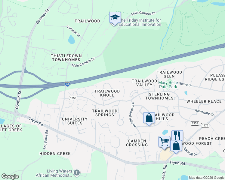 map of restaurants, bars, coffee shops, grocery stores, and more near 2013 Deep Forest Trail in Raleigh