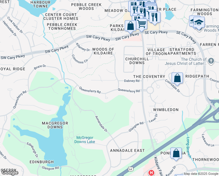 map of restaurants, bars, coffee shops, grocery stores, and more near 120 Queensferry Road in Cary