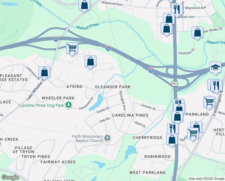 map of restaurants, bars, coffee shops, grocery stores, and more near 2200 Springhill Avenue in Raleigh