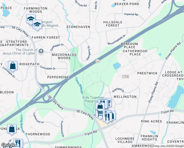 map of restaurants, bars, coffee shops, grocery stores, and more near 722 Renshaw Court in Cary
