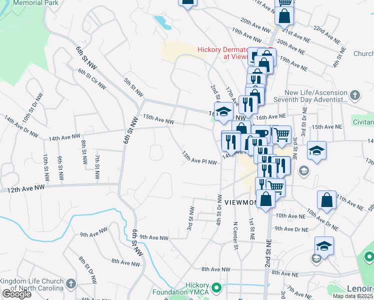 map of restaurants, bars, coffee shops, grocery stores, and more near 230 13th Avenue Place Northwest in Hickory