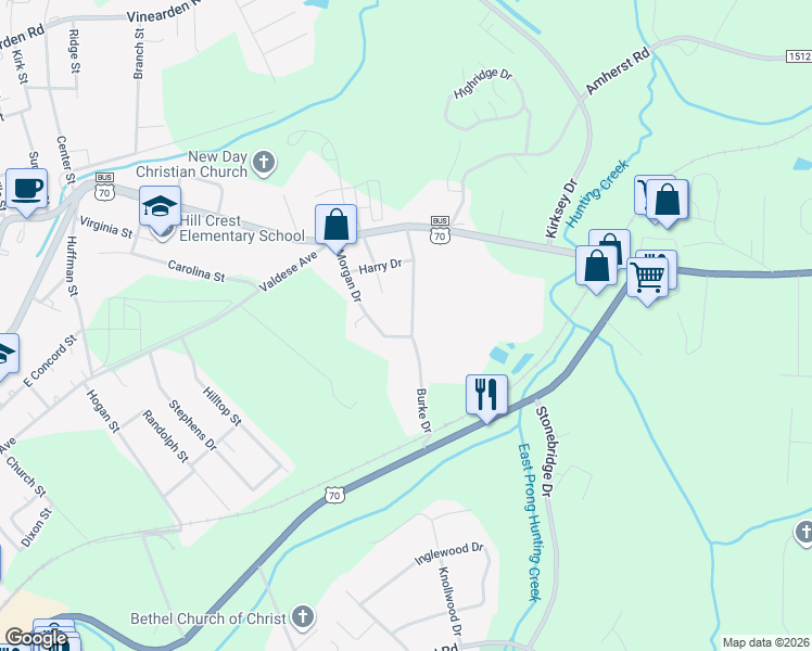 map of restaurants, bars, coffee shops, grocery stores, and more near 222 Burke Drive in Morganton