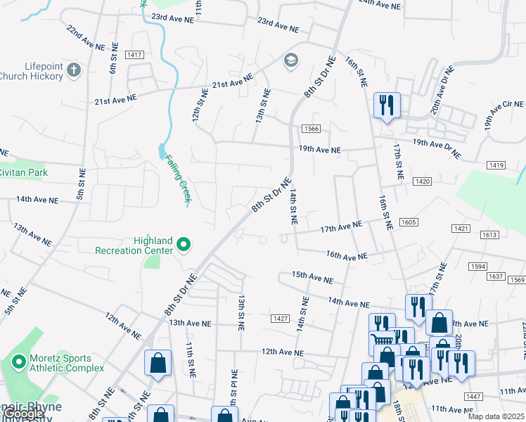 map of restaurants, bars, coffee shops, grocery stores, and more near 1760 8th Street Drive Northeast in Hickory