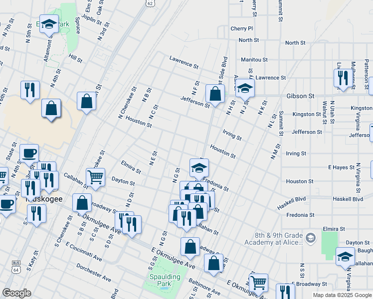 map of restaurants, bars, coffee shops, grocery stores, and more near 709 Galveston Street in Muskogee