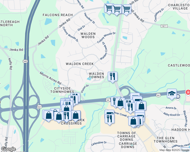 map of restaurants, bars, coffee shops, grocery stores, and more near 1519 Poets Glade Drive in Apex