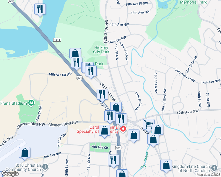 map of restaurants, bars, coffee shops, grocery stores, and more near 1320 Old Lenoir Road in Hickory