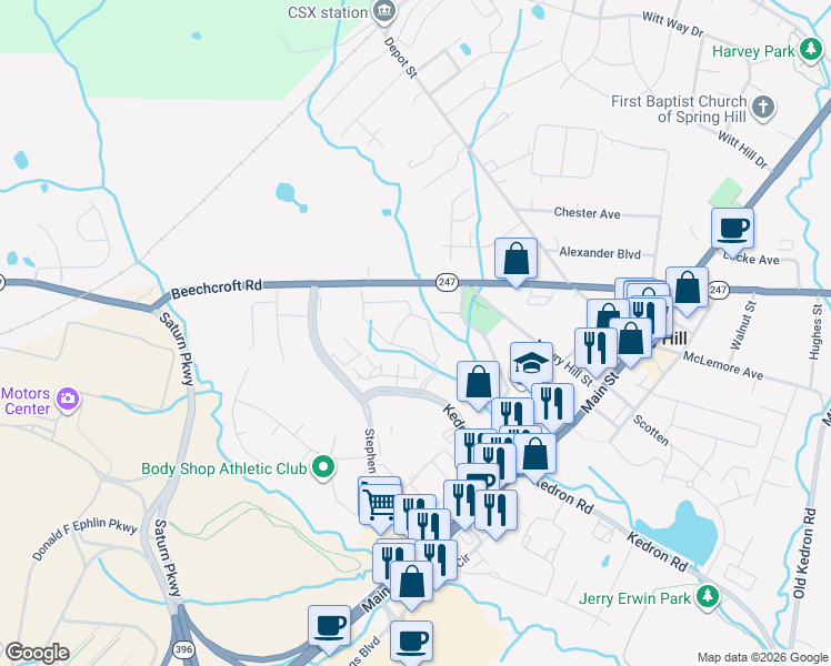 map of restaurants, bars, coffee shops, grocery stores, and more near 200 Kedron Parkway in Spring Hill