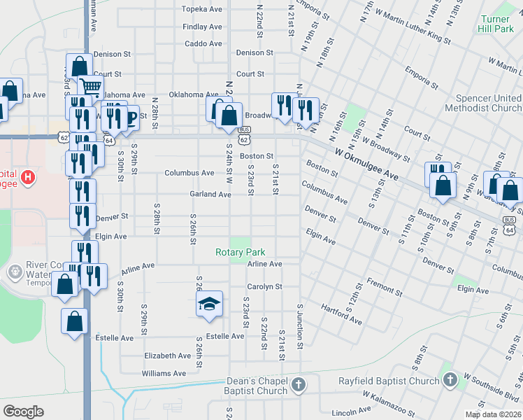 map of restaurants, bars, coffee shops, grocery stores, and more near 2321 Denver Street in Muskogee