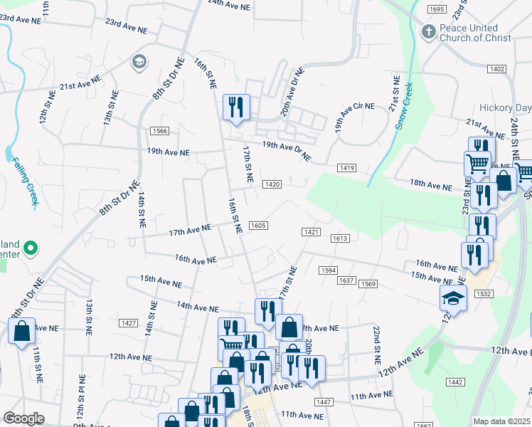 map of restaurants, bars, coffee shops, grocery stores, and more near 1765 17th Avenue Northeast in Hickory