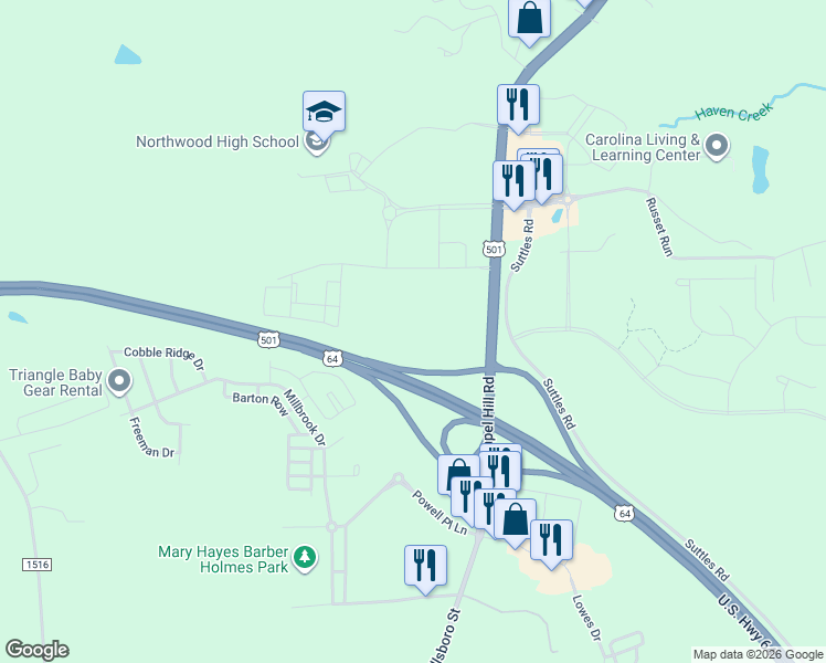 map of restaurants, bars, coffee shops, grocery stores, and more near 2429 U.S. 15 in Pittsboro