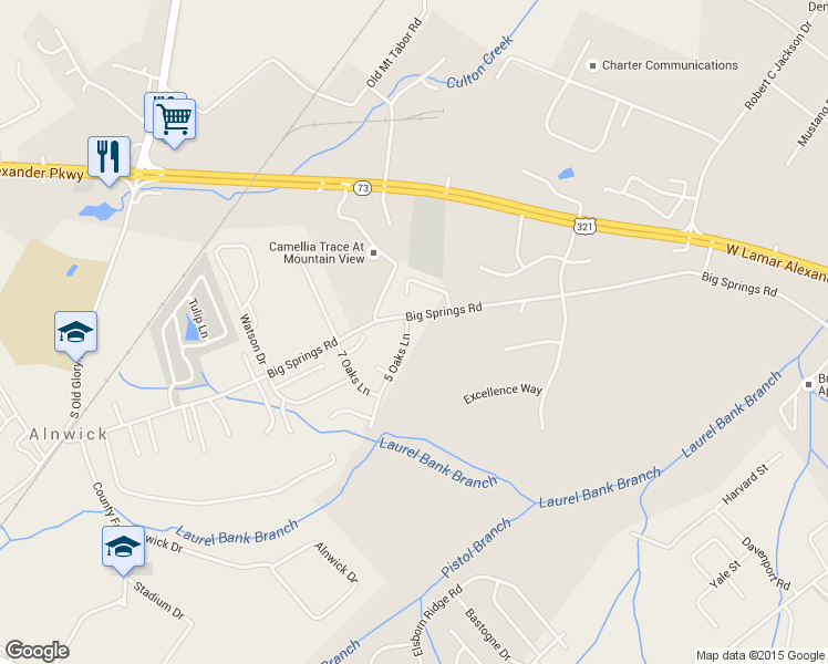 map of restaurants, bars, coffee shops, grocery stores, and more near 1939 Big Springs Road in Maryville