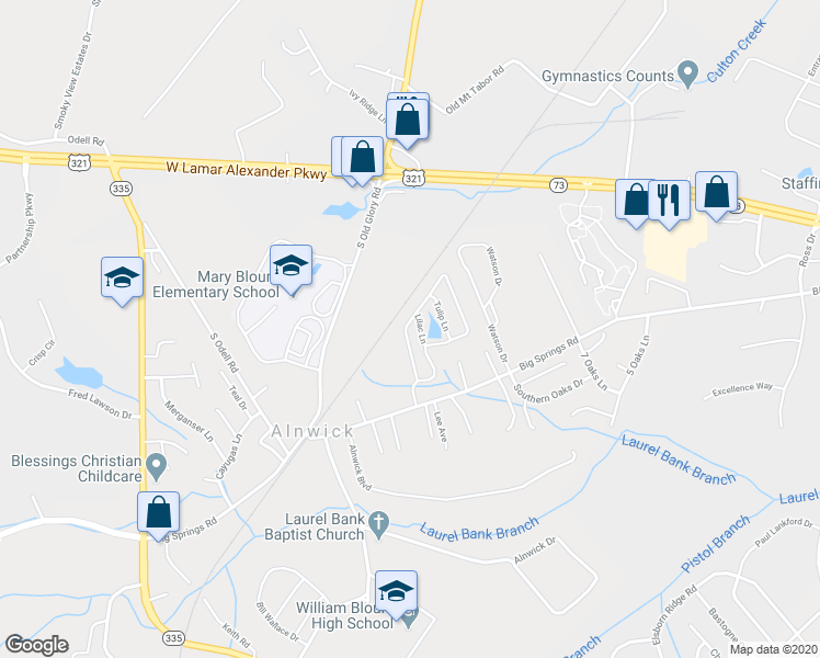 map of restaurants, bars, coffee shops, grocery stores, and more near 316 Mimosa Circle in Maryville