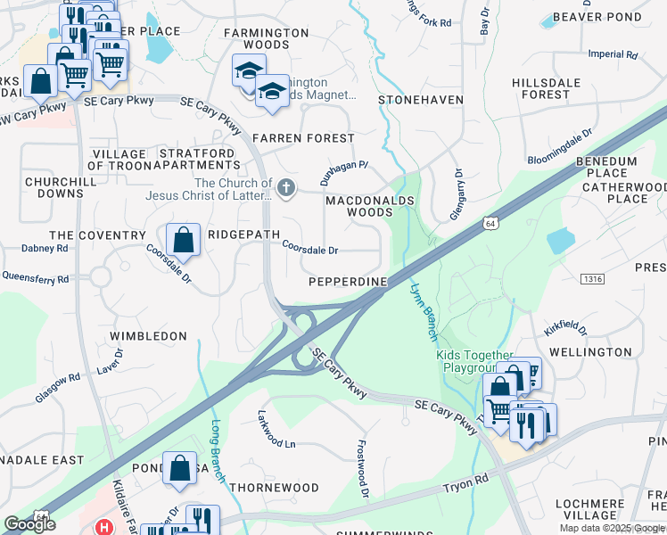 map of restaurants, bars, coffee shops, grocery stores, and more near 103 Akiry Court in Cary