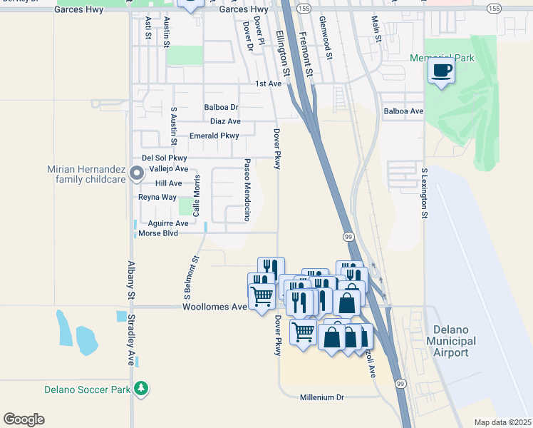 map of restaurants, bars, coffee shops, grocery stores, and more near Paseo Mendocino in Delano