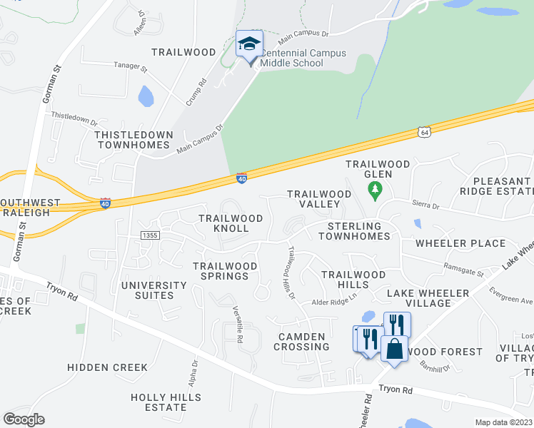 map of restaurants, bars, coffee shops, grocery stores, and more near 1900 Trailwood Heights Lane in Raleigh