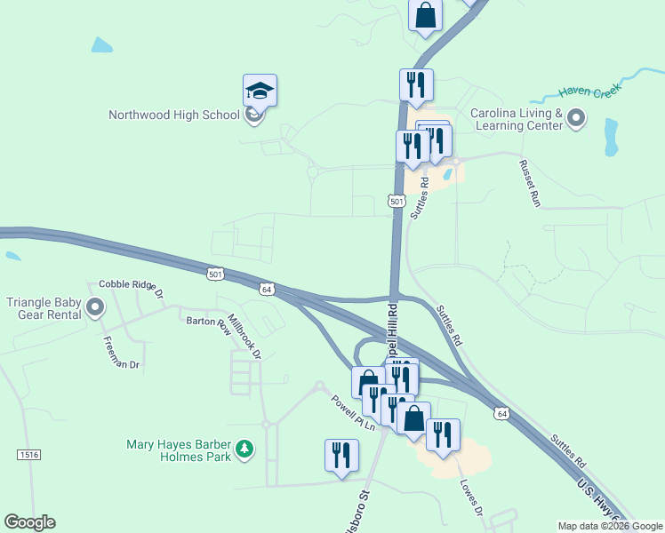 map of restaurants, bars, coffee shops, grocery stores, and more near 2429 U.S. 15 in Pittsboro