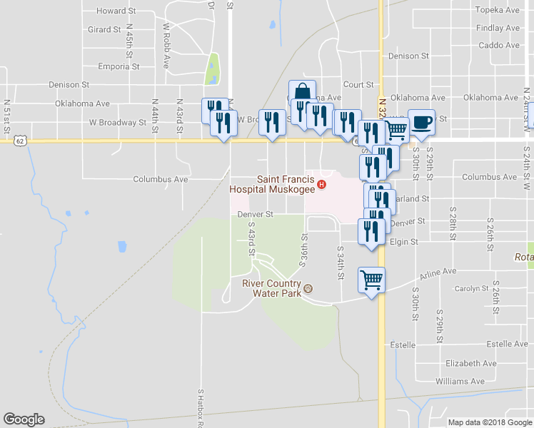 map of restaurants, bars, coffee shops, grocery stores, and more near 3800 Denver Street in Muskogee