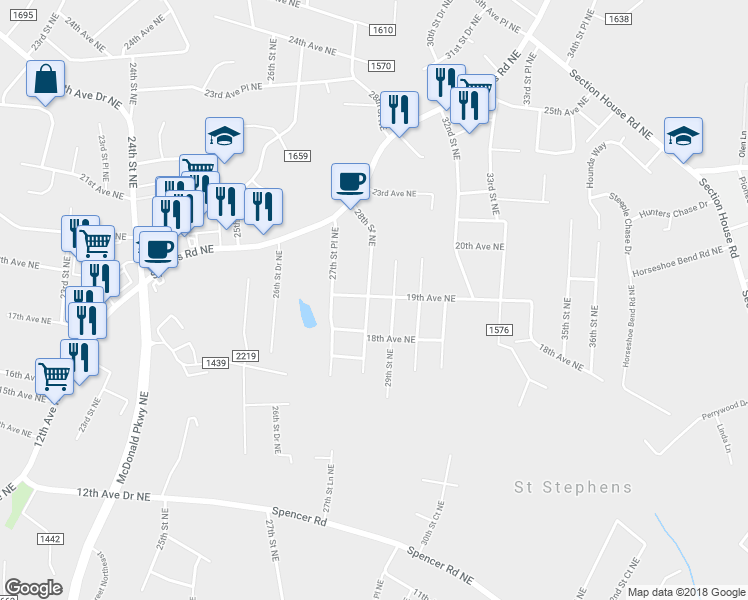 map of restaurants, bars, coffee shops, grocery stores, and more near 1894 28th Street Northeast in Hickory