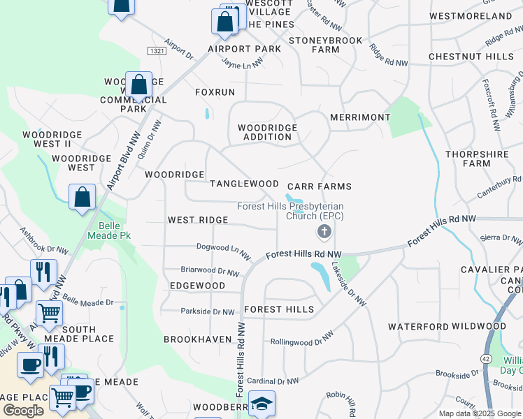 map of restaurants, bars, coffee shops, grocery stores, and more near 1202 Queen Anne Road Northwest in Wilson