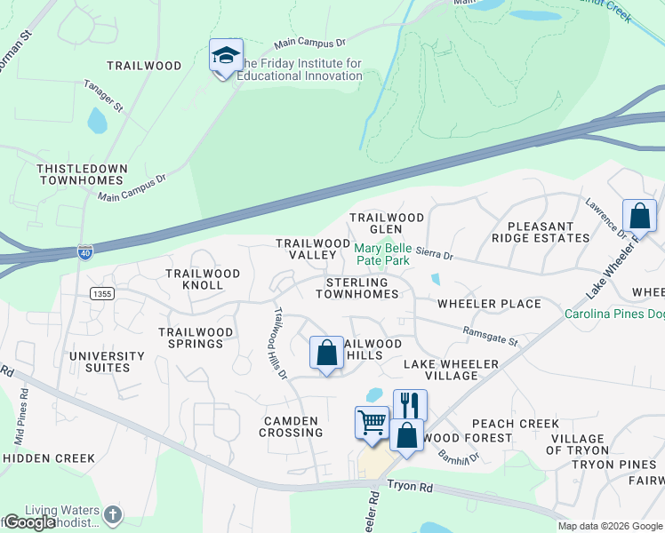 map of restaurants, bars, coffee shops, grocery stores, and more near in Raleigh