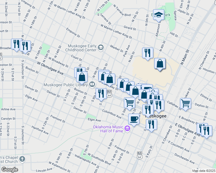 map of restaurants, bars, coffee shops, grocery stores, and more near 627 West Broadway Street in Muskogee