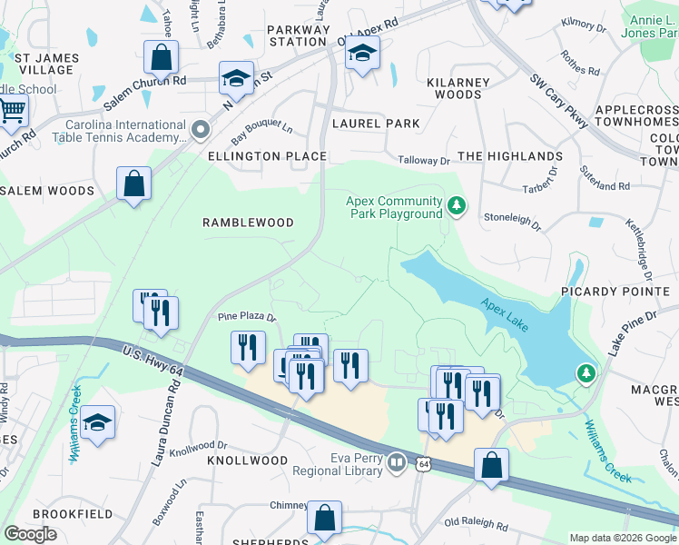 map of restaurants, bars, coffee shops, grocery stores, and more near 637 Edgewater Ridge Court in Apex