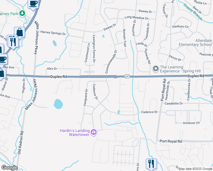 map of restaurants, bars, coffee shops, grocery stores, and more near 3000 Commonwealth Drive in Spring Hill
