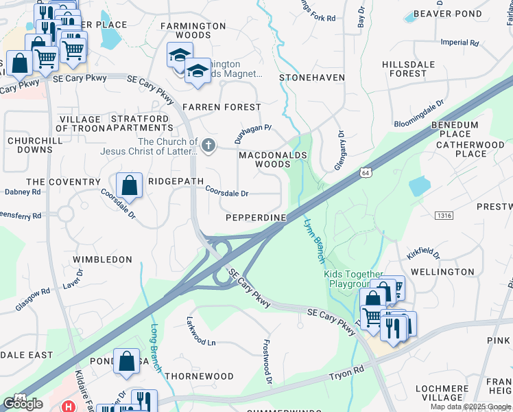 map of restaurants, bars, coffee shops, grocery stores, and more near 104 Akiry Court in Cary