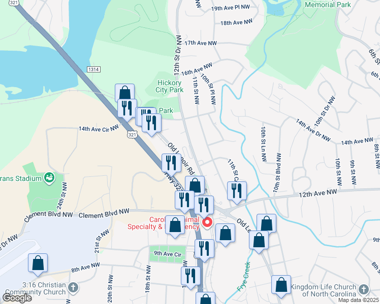 map of restaurants, bars, coffee shops, grocery stores, and more near 1335 12th Street Drive Northwest in Hickory