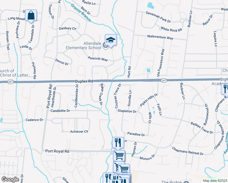 map of restaurants, bars, coffee shops, grocery stores, and more near 2821 Cochran Trace Drive in Spring Hill