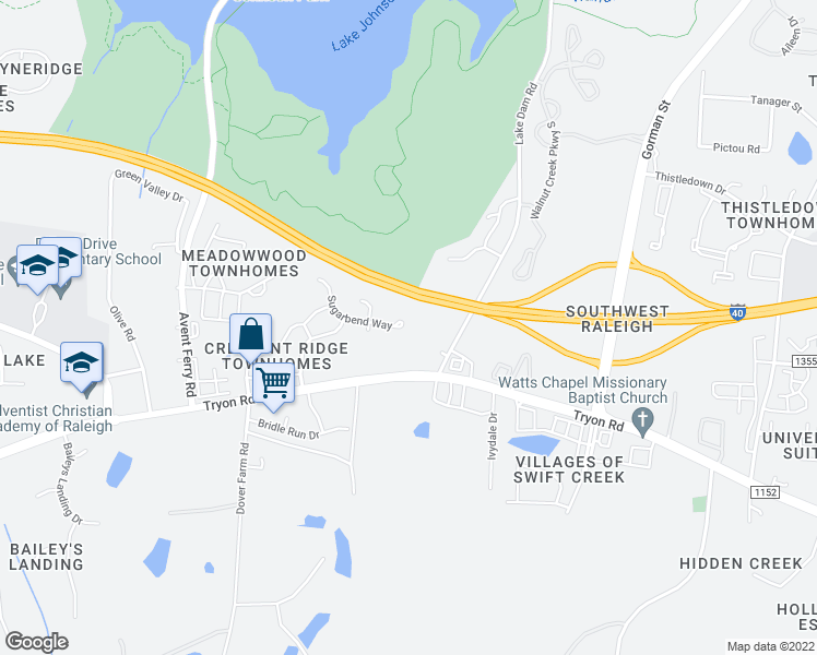 map of restaurants, bars, coffee shops, grocery stores, and more near 4317 Sugarbend Way in Raleigh