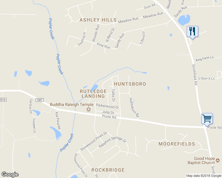 map of restaurants, bars, coffee shops, grocery stores, and more near 1108 Tellis Drive in Knightdale